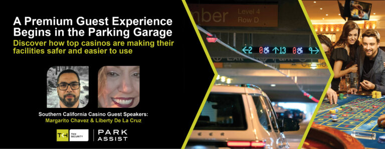 A vehicle driving through a parking garage with a text overlay that says A Premium Guest Experience Begins in the Parking Garage with two special guest speakers